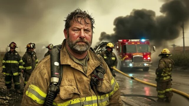 Heroic firefighters battle intense wildfire in a smoky landscape