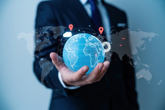 A businessman in a suit holds a glowing blue globe with location pins, cloud icons, and gears, symbolizing global business and technology
