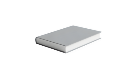 A single, closed, plain gray hardcover book lying flat on a transparent background, isolated on transparent background, representing knowledge, literature, or education concept