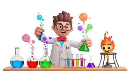 Cartoon scientist conducting colorful chemical experiments with bubbles and fire