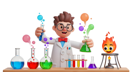 Cartoon scientist conducting colorful chemical experiments with bubbles and fire