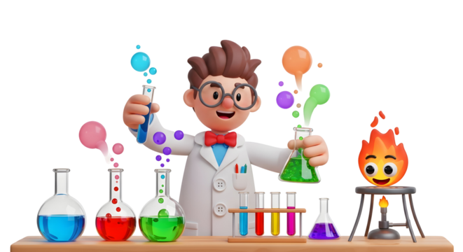 Cartoon scientist conducting colorful chemical experiments with bubbles and fire