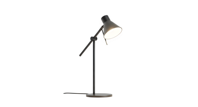 Modern adjustable black desk lamp with conical shade and articulated arm, illuminated and isolated on transparent background for product photography and design concepts