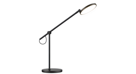 Modern black adjustable led desk lamp with a circular light head, perfect for office or home workspace illumination, isolated on transparent background