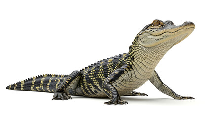 Fototapeta premium A small baby alligator with textured skin and a long tail isolated on white background