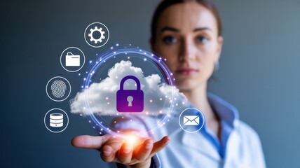 A female doctor is holding a cloud with a lock, symbolizing data security and privacy in healthcare, with digital icons surrounding it