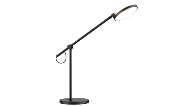 Modern black adjustable led desk lamp with a circular light head, perfect for office or home workspace illumination, isolated on transparent background - Powered by Adobe
