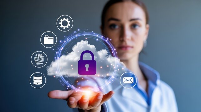 A female doctor is holding a cloud with a lock, symbolizing data security and privacy in healthcare, with digital icons surrounding it - Powered by Adobe