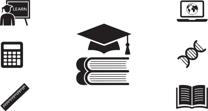 Education and graduation achievement icon set. Vector glyph pictograms of cap, diploma, ceremony honor, student success, academic degree, learning milestone, scholar pride, knowledge future black silh - Powered by Adobe