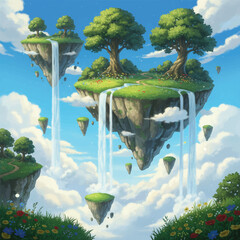Obraz premium A vibrant illustration of floating islands with waterfalls, lush greenery, and trees under a bright blue sky.