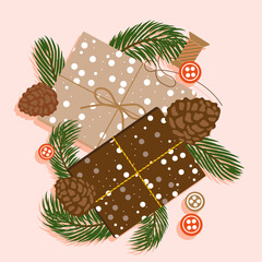 Card with Christmas decorations. Merry Christmas. Holiday print, banner, poster. Vector illustration.