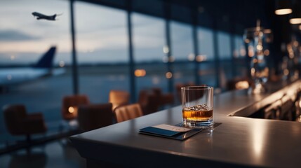 Whiskey glass at airport bar with airplane in background &ndash; travel and lifestyle concept