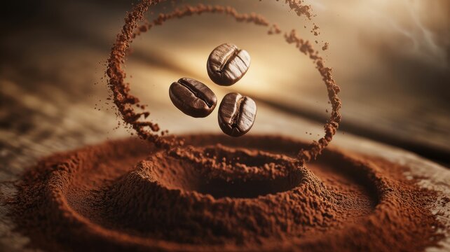 Three coffee beans suspended in midair, encircled by a swirling cloud of ground coffee, creating a dynamic and aromatic composition on wooden surface