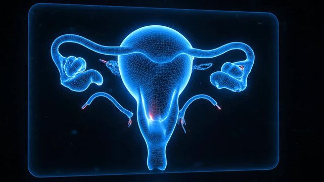 3D rendering of female reproductive system glowing blue on black background.