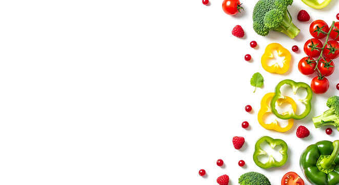 Assortment of fresh colorful vegetables and berries arranged on a white background isolated on white background