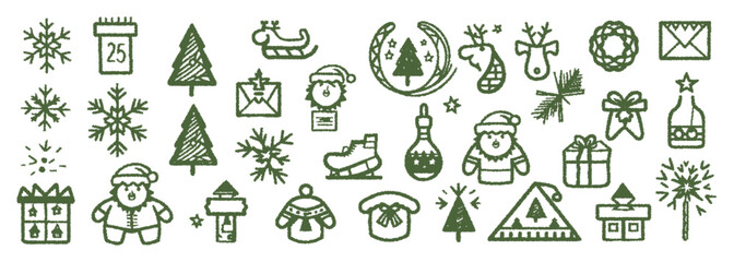 Chalk hand-drawn retro Christmas and New Year icons, grunge charcoal sketches featuring winter holiday decorations, festive doodles, and creative elements ideal for posters, invitations, and seasonal 