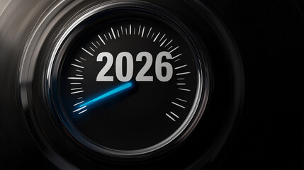 Futuristic gauge showing the year 2026 with a glowing blue indicator, symbolizing progress, innovation, countdown and forward momentum in a sleek modern technological style