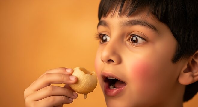 a close up shot features a young boy with a surprised expression gazing intently at a golden dripping delicious snack in his hand high quality professional