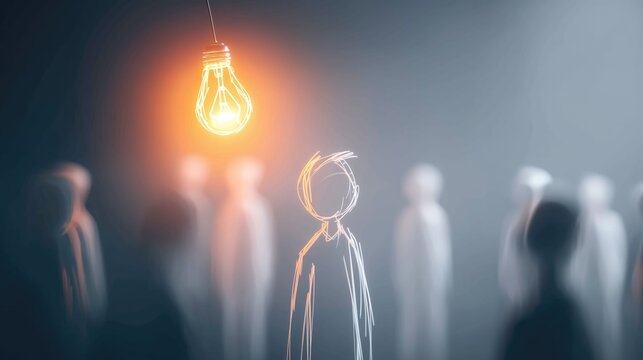 Person under light bulb among dark crowd illustration – creativity and innovation concept