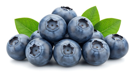 A pile of fresh ripe blueberries with green leaves isolated on white background
