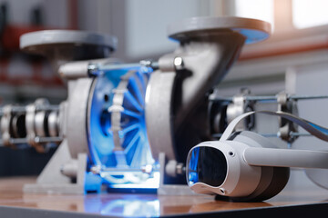 Virtual reality headset with artificial intelligence assistant for training and development for industrial machinery in high-tech engineering setting