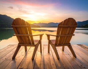 Two chairs on a wooden dock face a calm lake with a sun setting behind distant mountains, casting a warm light