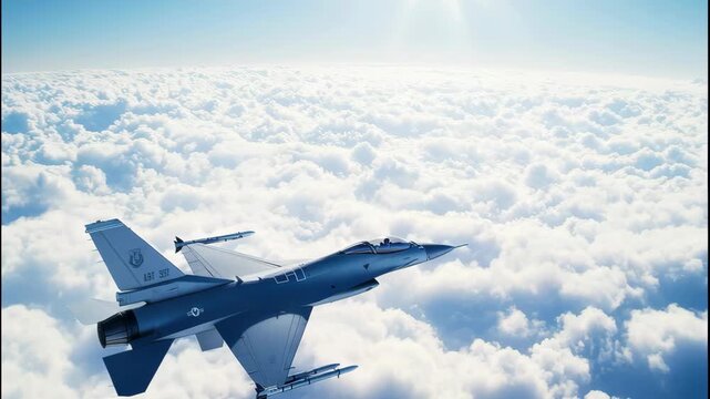 Fighter jet soaring above fluffy clouds in a clear blue sky