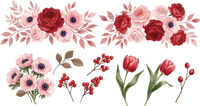Watercolor floral elements set with roses, anemones, tulips, berries
