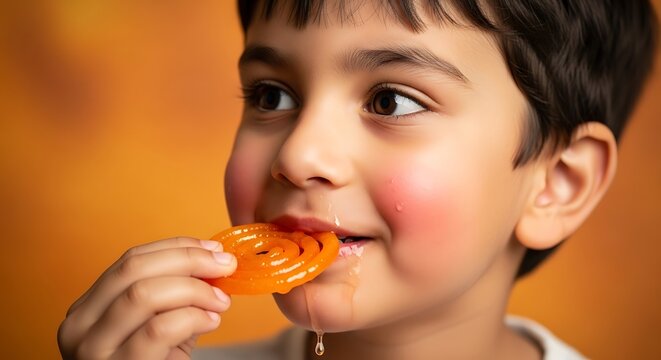 a captivating portrait of a young boy enjoying a vibrant orange jalebi his cheeks flushed with delight and a sweet sticky treat high quality professional detailed