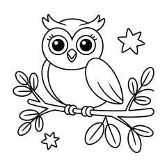 Fototapeta premium Cute cartoon owl perched on branch with stars, outline drawing for coloring book isolated on white background, Vector, illustration