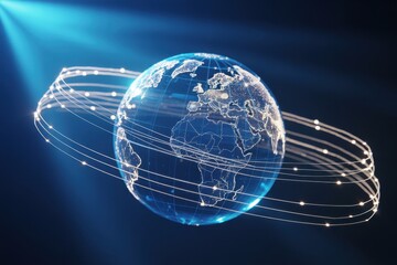 Global connectivity concept with digital earth and orbiting data streams, symbolizing worldwide network and communication technology in a futuristic design