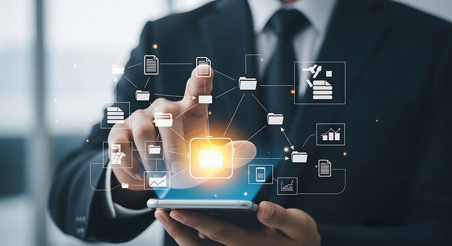 Modern businessman using mobile device to manage documents and data efficiently, visualize seamless digital workflow with cutting-edge technology solutions