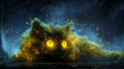 Luminous cat-shaped moss glows with large yellow eyes in a dark forest setting