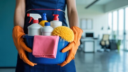 Closeup of a cleaning lady holding a bucket full of cleaning supplies, ready to start her work in a modern office with large windows and bright light