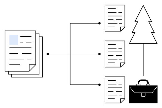 Documents linked with lines to a tree and briefcase, representing workflow, sustainability, and professional relations. Ideal for project planning, sustainability, management, organization, strategy