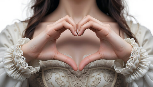 Woman in elegant vintage dress forms a heart shape with her hands, showcasing intricate lace details and soft fabric textures, conveying love and affection in a romantic setting