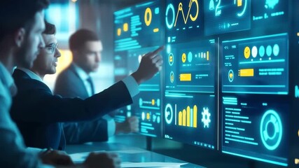 Professionals analyze data on interactive displays in a modern office - Powered by Adobe