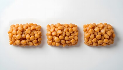 Fototapeta premium Three delicious honey sesame snaps, crunchy sweet candy bars, arranged on a clean white background. bamba