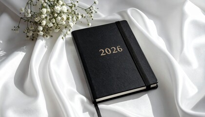 Black hardcover planner with “2026” printed on cover, placed on white satin fabric beside small white flowers.