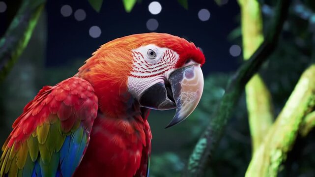 A vibrant, detailed close-up of a macaw parrot with stunning red, orange, and blue plumage
