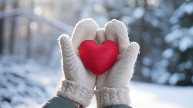 A pair of hands in white knitted mittens gently cradles a vibrant red heart against a backdrop of a snowy forest, symbolizing love and warmth in winter