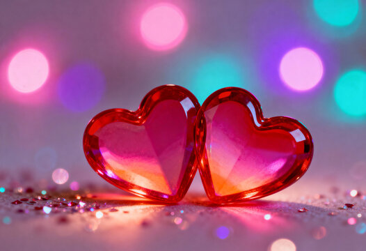 Two vibrant red hearts sparkling with bokeh lights on a glittering surface, creating a charming romantic presentation