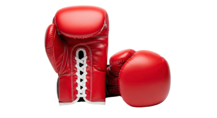 Classic vibrant red boxing gloves symbolizing strength determination and combat readiness isolated on transparent background studio shot