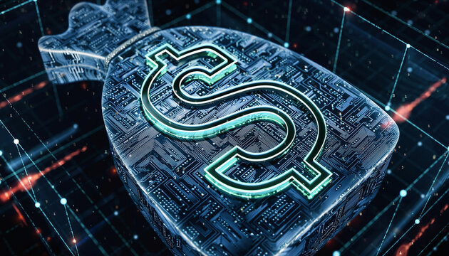 Digital Wealth: A stylized depiction of a money bag with a dollar sign, overlaid with digital circuitry, symbolizing the financial and technological landscape of modern commerce.