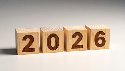 Wooden blocks arranged to display the number 2026 on neutral surface, minimal and symbolic of future year.