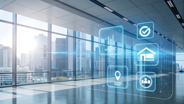 Modern office corridor with a futuristic digital interface overlaying a city view