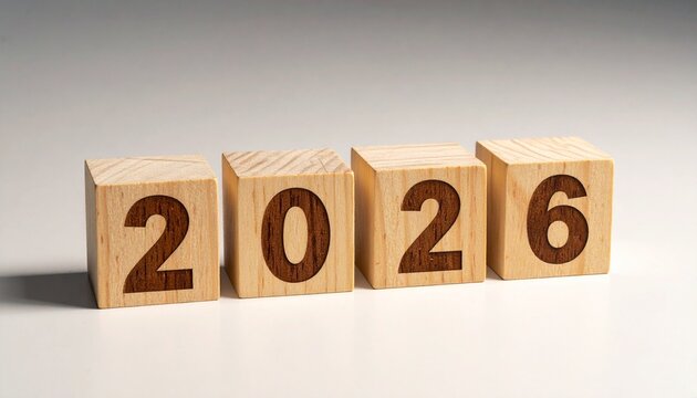 Wooden blocks arranged to display the number 2026 on neutral surface, minimal and symbolic of future year.