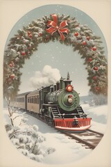 Vintage steam train chugging through snowy winter landscape forest tracks holiday travel scene steam train on the christmas tree