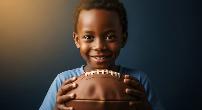 a close up portrait of a young african american boy smiling warmly while holding a classic brown leather american football with a dark background high quality - Powered by Adobe