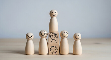 Inspire workplace happiness with wooden figures showing leadership and teamwork dynamics, perfect for employee engagement and management training materials